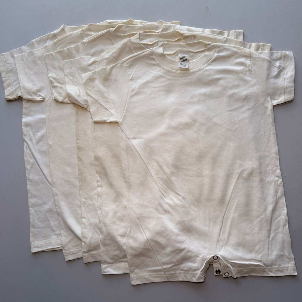 Vtg Baby Bodysuit Romper Lot 5 18M Cream USA Cotton Blank Short Sleeve DIY Snap